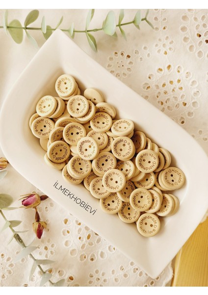 Ahşap Düğme Handmade Yazılı (20MM/2 Cm) 15 Adet