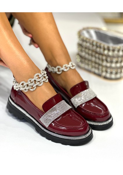 Zuhale Zuhal Kristal Taşlı Rugan Loafer Bordo