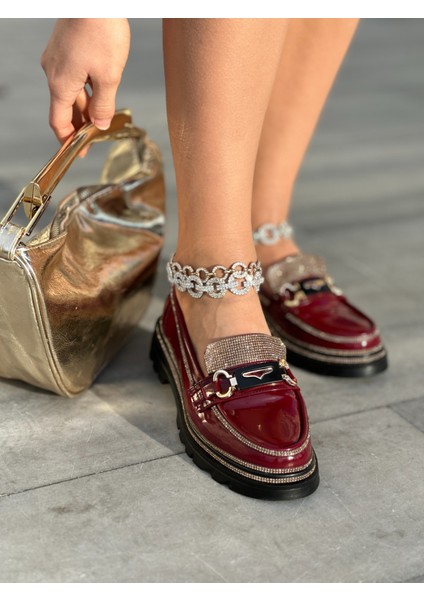 Lessy Kristal Taşlı Rugan Loafer Kırmızı