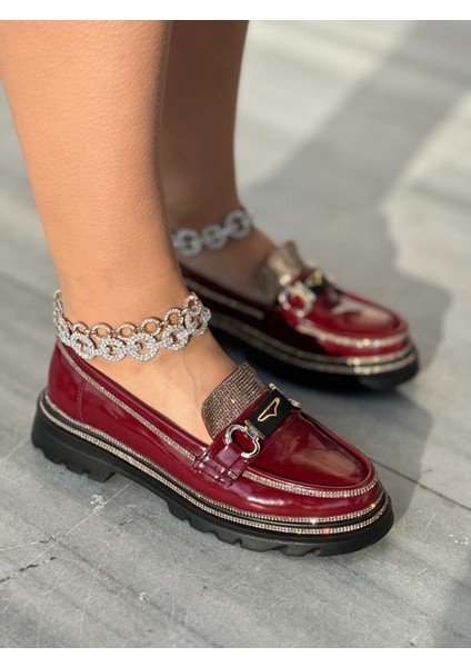 Lessy Kristal Taşlı Rugan Loafer Kırmızı