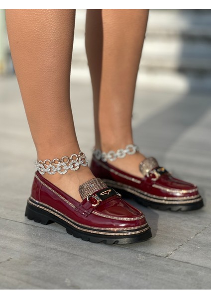 Lessy Kristal Taşlı Rugan Loafer Kırmızı