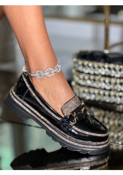 Lessy Kristal Taşlı Rugan Loafer Siyah