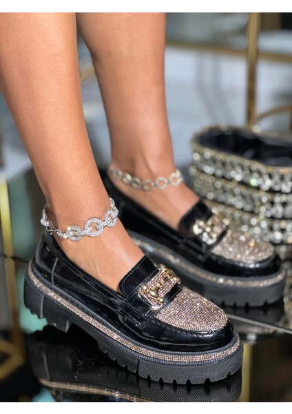 Dovvi Kristal Taşlı Rugan Loafer Siyah
