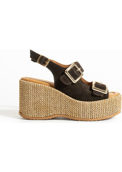 Roxi Hasır Dolgu Topuk Süet Deri Sandalet Koyu Kahve