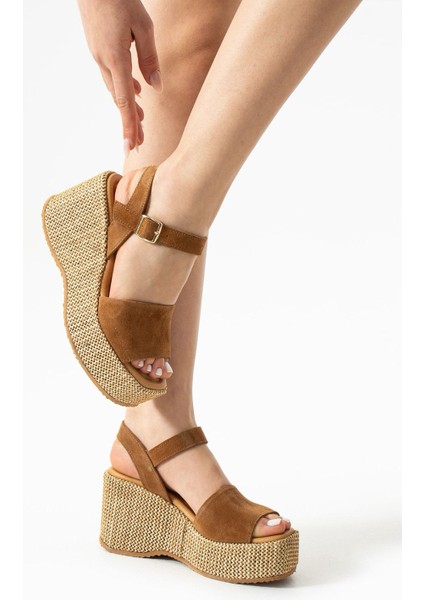 Plaza Süet Deri Dolgu Topuk Hasır Sandalet Taba fiyatları