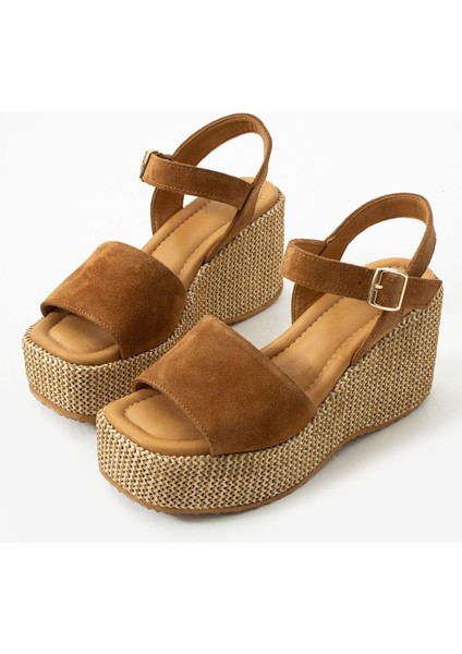 Plaza Süet Deri Dolgu Topuk Hasır Sandalet Taba modelleri
