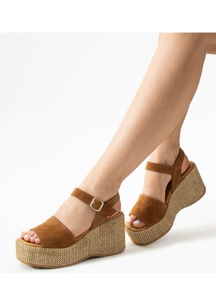 Plaza Süet Deri Dolgu Topuk Hasır Sandalet Taba indirimleri