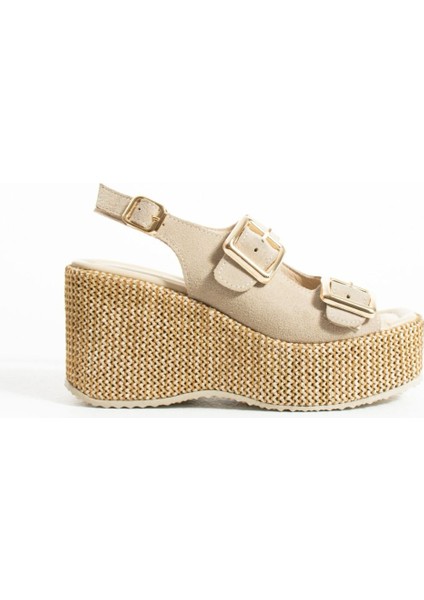 Roxi Hasır Dolgu Topuk Süet Deri Sandalet Bej