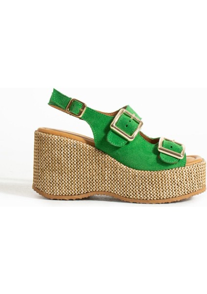 Roxi Hasır Dolgu Topuk Süet Deri Sandalet Yeşil