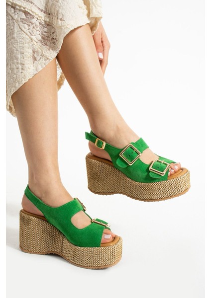 Roxi Hasır Dolgu Topuk Süet Deri Sandalet Yeşil modelleri