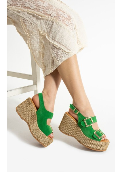 Roxi Hasır Dolgu Topuk Süet Deri Sandalet Yeşil fırsatları
