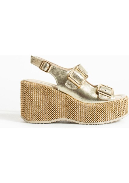 Roxi Hasır Dolgu Topuk Deri Sandalet Gold