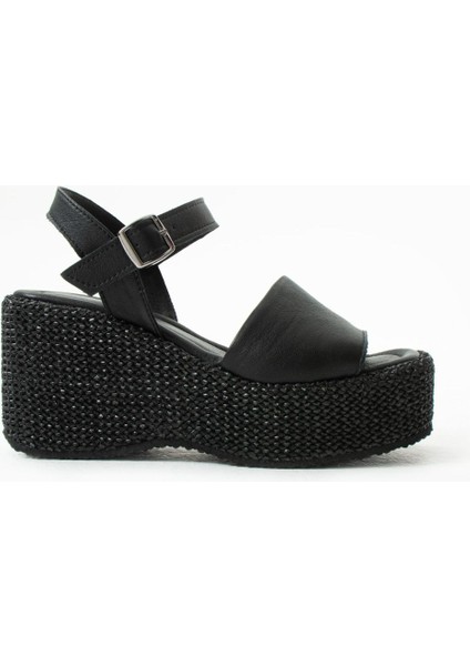 Plaza Deri Dolgu Topuk Hasır Sandalet Siyah