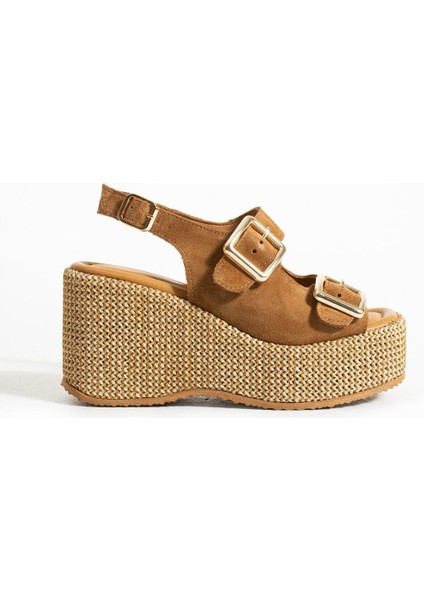 Roxi Hasır Dolgu Topuk Süet Deri Sandalet Taba