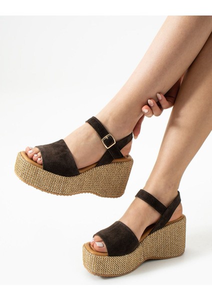 Plaza Süet Deri Dolgu Topuk Hasır Sandalet Koyu Kahve indirimleri