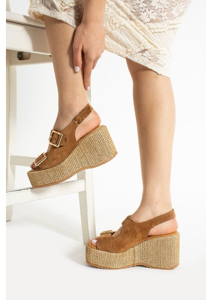 Roxi Hasır Dolgu Topuk Süet Deri Sandalet Taba indirimleri