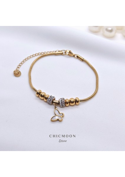 Çelik Altın Rengi Taşlı Kelebekli Bileklik