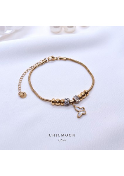 Çelik Altın Rengi Taşlı Kelebekli Bileklik fiyatları