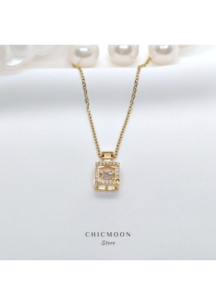 Çelik Altın Rengi Zirkon Taşlı Çerçeve Kolye modelleri