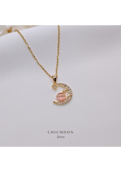 Çelik Pembe Taşlı Ay Kolye