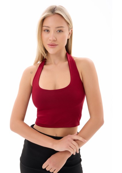 Kadın Bordo Boyundan Geçmeli Crop