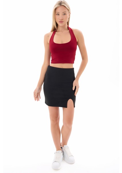 Kadın Bordo Boyundan Geçmeli Crop