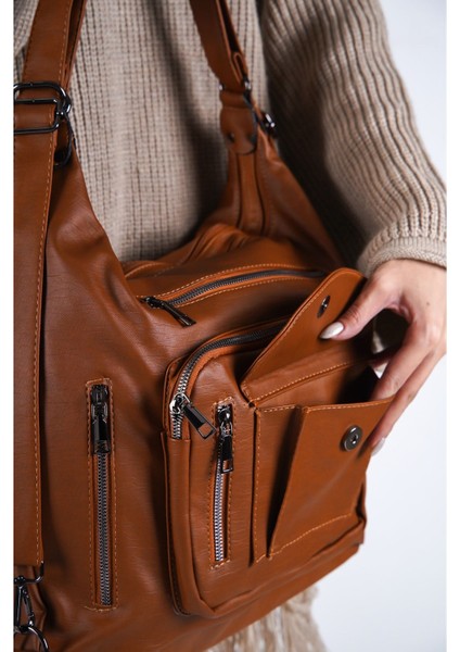 Kadın Yumuşak Deri Taba Hem Kol Hem Sırt Çantası