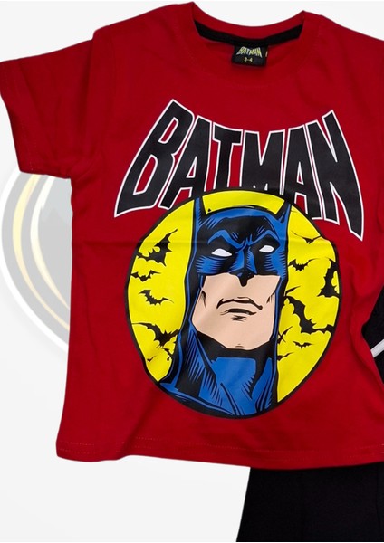 Baskılı Tişört Şort ve Batman Maskeli Kırmızı Renk Çocuk Takım