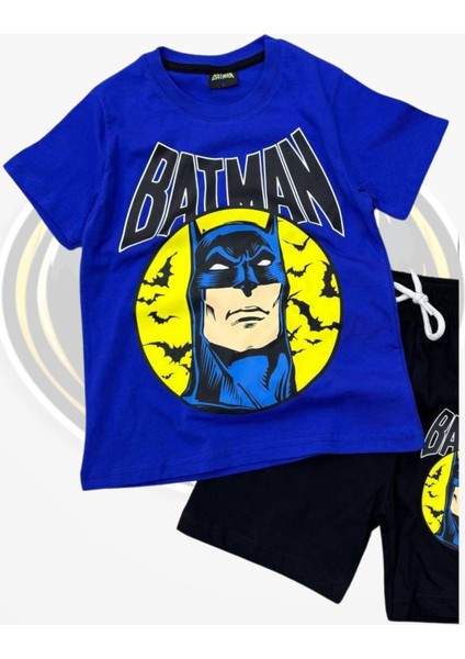 Baskılı Tişört Şort ve Batman Maskeli Mavi Renk Çocuk Takım