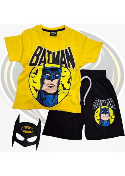 Baskılı Tişört Şort ve Batman Maskeli Sarı Renk Çocuk Takım