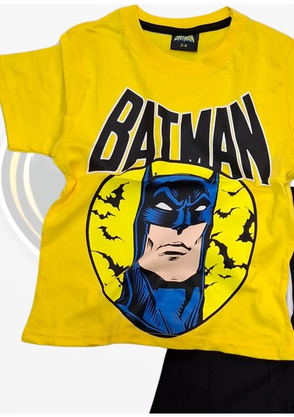 Baskılı Tişört Şort ve Batman Maskeli Sarı Renk Çocuk Takım