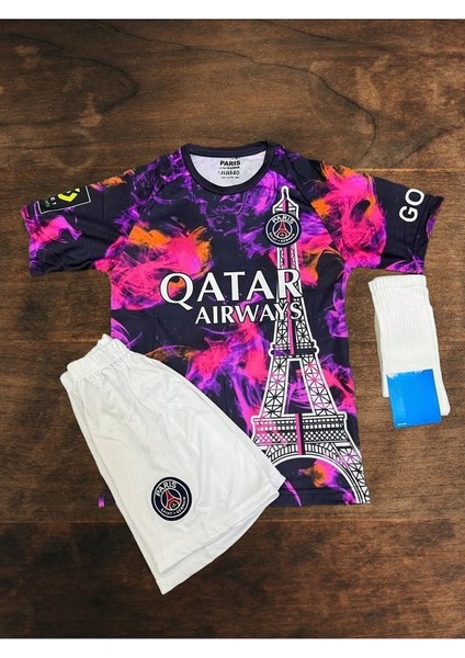 Yeni Sezon Psg Kylian Mbappe Özel Tasarım Eyfel Külesi Desenli Çocuk Forması (Forma Şort Çorap)