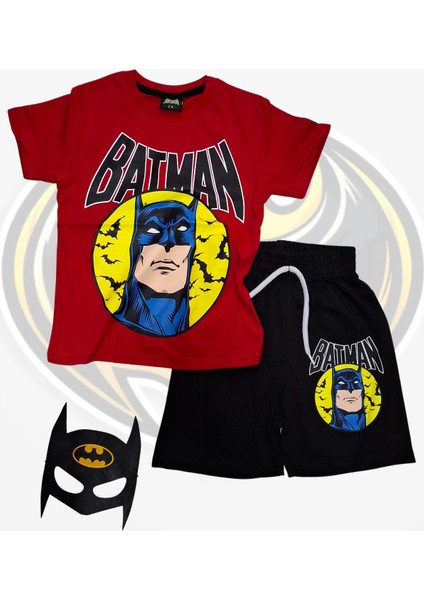 Baskılı Tişört Şort ve Batman Maskeli Kırmızı Renk Çocuk Takım