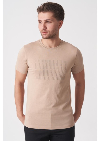 Rio De Janeiro 3087 Slim Fit Bisiklet Yaka Pamuklu Likralı T-Shirt Ekru