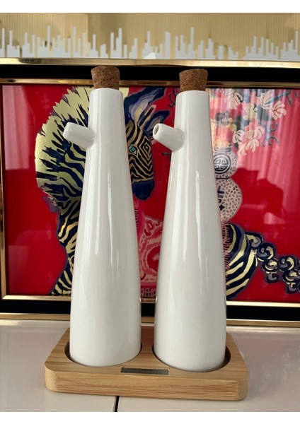 2'li Mantar Kapaklı Bambu Standlı Porselen Yağlık Sirkelik 24 cm