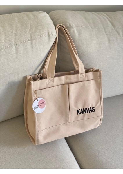 Kanvas Kumaş Nakış Detaylı Büyük Omuz Çantası