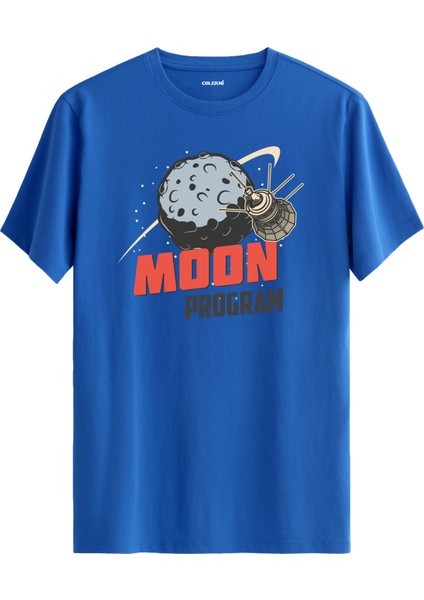 Ay ve Uzay Aracı Baskılı Mavi Pamuk Tişört