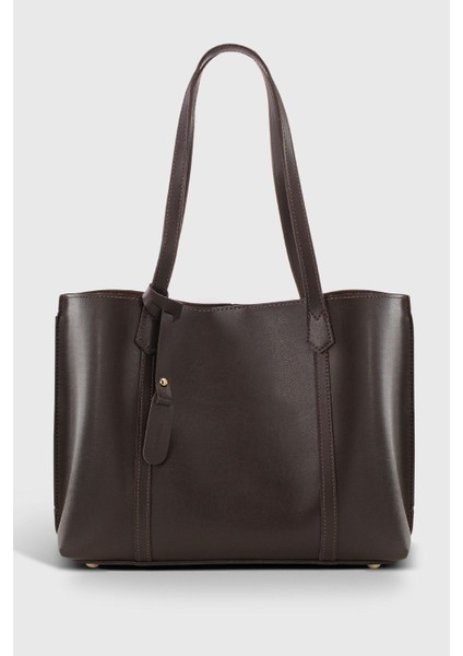 Kadın Üç Bölmeli Kahverengi Deri Görünümlü Shopper Çanta 269