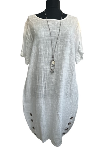 Pamuk Keten Düğme Detaylı Rahat Elbise