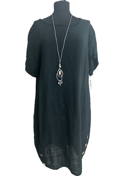 Pamuk Keten Düğme Detaylı Rahat Elbise