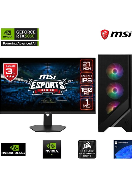 S01D RTX5000 Gaming I5 14400F 32 GB Ddr5 Ram 1 TB SSD Gen4 RTX5060 8 GB 27" 180Hz. H610 Oyuncu bilgisayarı