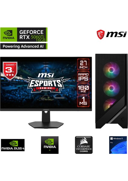 S26DKC RTX5000 Gaming I9 14900KF 32 GB Ddr5 Ram 1 TB SSD Gen4 RTX5060TI 16 GB 240MM Sıvı Soğutma B760 27" 180Hz. Oyuncu bilgisayarı