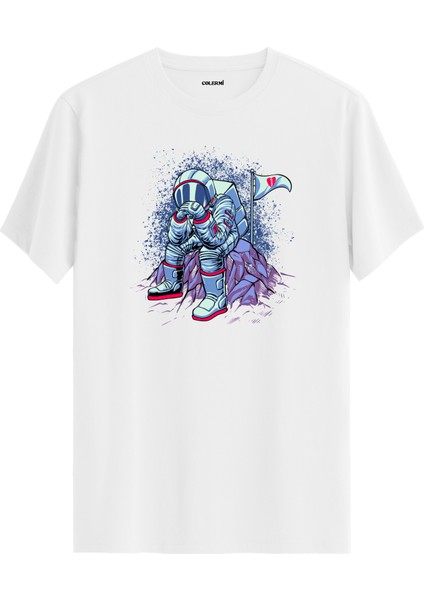 Üzgün Astronot Baskılı Beyaz Pamuk Tişört