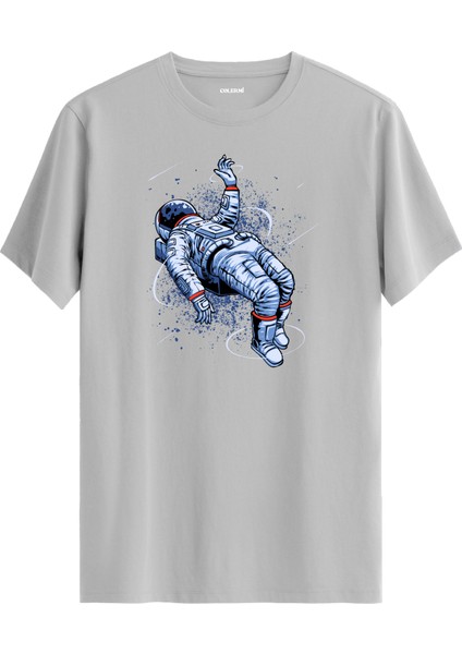 Süzülen Astronot Baskılı Unisex Gri %100 Pamuk Tişört