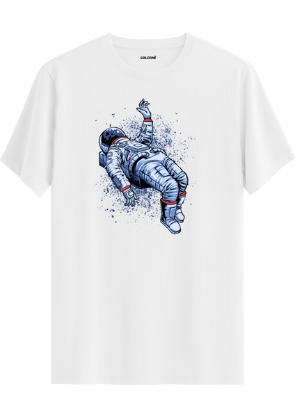 Süzülen Astronot Baskılı Unisex Beyaz %100 Pamuk Tişört