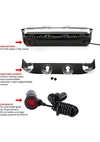 S6 Lamba Cam Içi Vantuzlu 6 LED Kırmızı Mavi Çakmaklık Girişli 12 Mod Lamba
