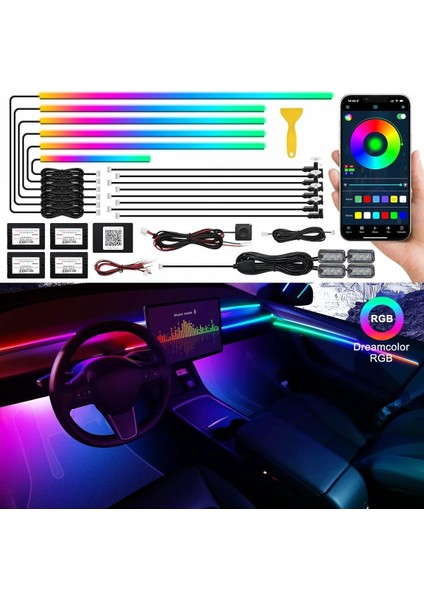 Araç Içi Ambiyans Aydınlatma Sistemi 18 In 1 Rgb LED Bluetooth Destekli - Müzik ve Ses Duyarlı
