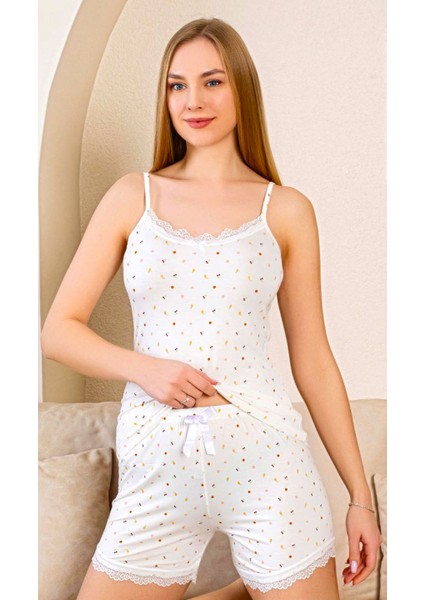 Şortlu - Ip Askılı Pijama Takım Kaliteli Ince Yazlık Viskon Kumaş Yüksek Bel