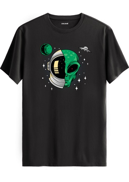 Uzaylı ve Astronot Kaskı Baskılı Antrasit Pamuk Tişört