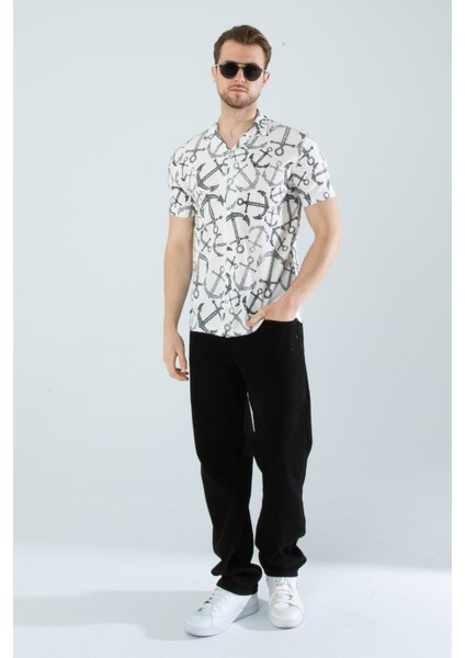 Erkek Slim Fit Kesim Çapa Desenli Dijital Baskılı Apaş Yaka Pamuklu Kısa Kol Gömlek
